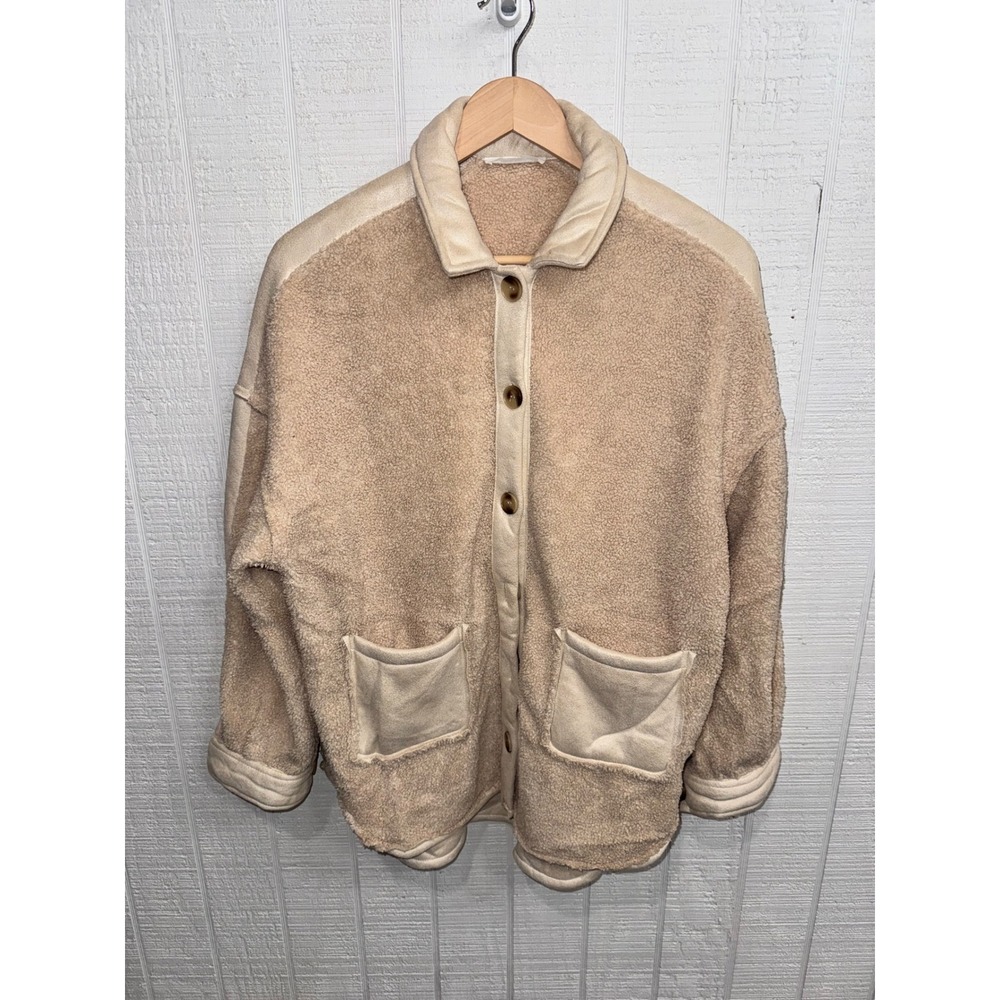 12th Tribe Shacket Women Small Cream Tan Teddy Fleece Faux Suede Button Front